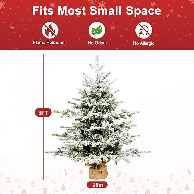 Prelit Flocked Christmas Tree, Artificial Small Christmas Tree with 100 Warm White & Multi Color Led Lights, Frosted LED Xmas Tree with Snow (3FT-Lights)