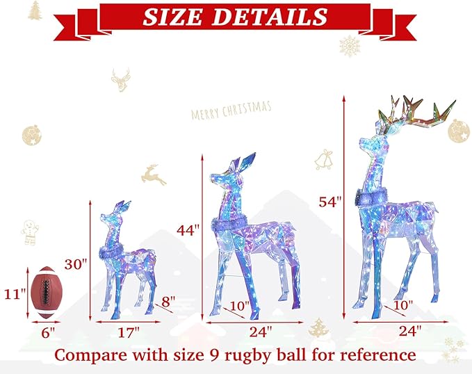 54 Inch 3D Colorful Large Lighted Christmas Deer Decorations 3-Piece Outdoor Holiday Decorations Reindeer Set with 245 Warm White LEDs, Large Yard Display for Garden, Storefront
