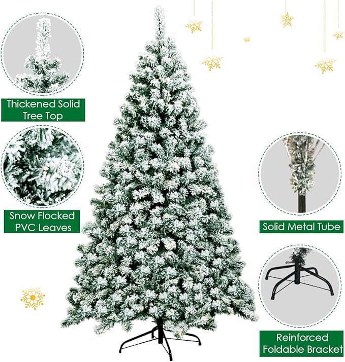 Happygrill 6FT Pre-lit Artificial Hinged Christmas Pine Tree Snow Flocked Christmas Tree with Solid Metal Stand Flexible Branches Traditional Festival Decoration Tree
