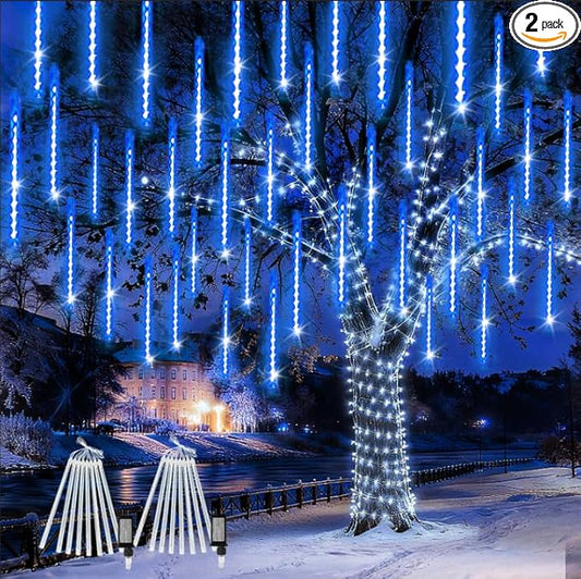 2-Pack Extendable Meteor Shower Christmas Lights Outdoor, 16 Tubes 384 LEDs Waterproof Falling Rain String Lights, Christmas String Lights Outdoor for Tree Garden Patio Holiday Decorations (Blue)