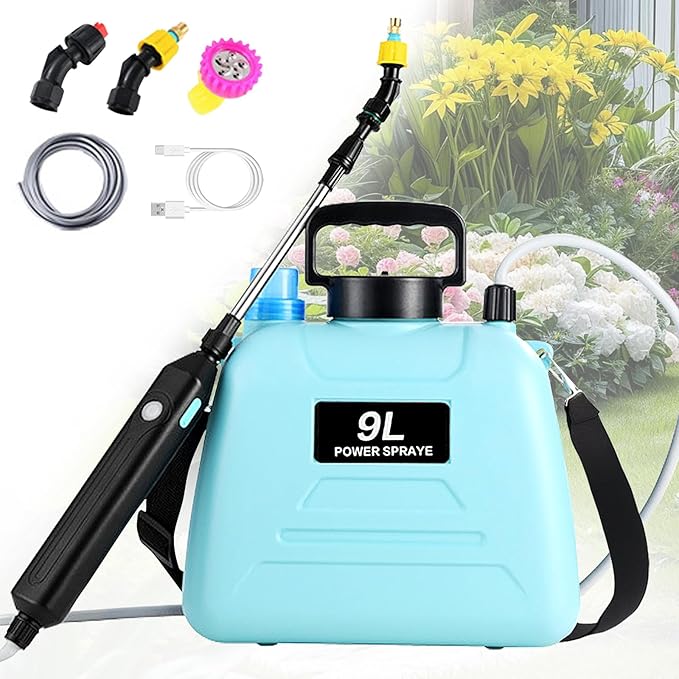 Battery Powered Sprayer, 2.4 Gallon Electric Garden Sprayer, Automatic Power Weed Spray Battery Operated with Adjustable Shoulder Strap and Rechargeable Handle for Yard, Lawn, 3 Mist Nozzles (Blue)