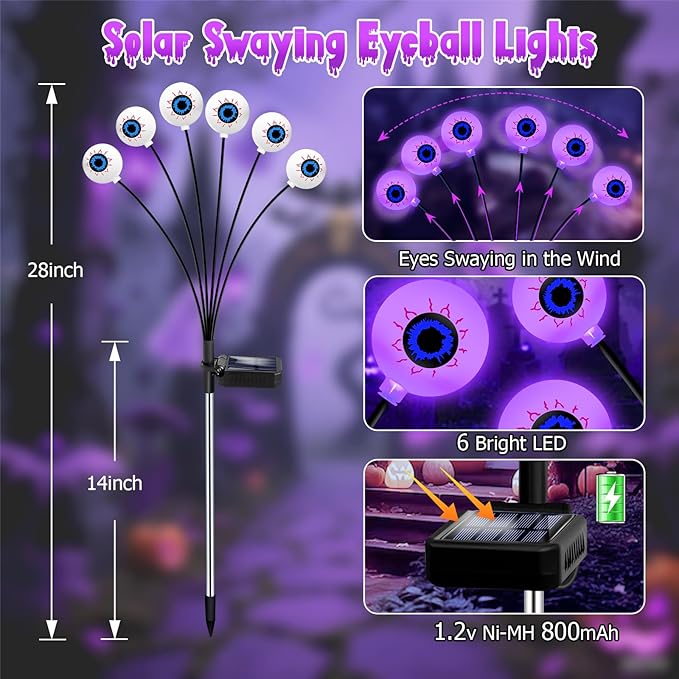 Kohlrabi Halloween Decorations Outdoor, 8 Pack 48 LED Solar Scary Eyeball Swaying Lights, Purple Solar Firefly Light Waterproof Outdoor Garden Lights for Halloween Yard Garden Lawn Party Flower Bed
