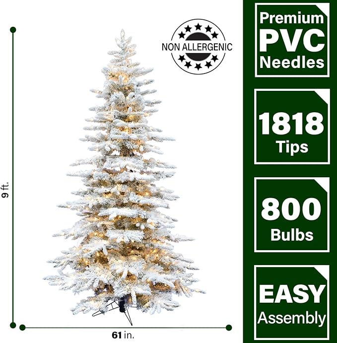 Fraser Hill Farm Pine Valley Flocked Christmas Tree, 9 Feet Tall, Snowy Tree Includes Warm White LED Lights with Easy to Connect and Set up Features, Perfect Holiday and Xmas Décor