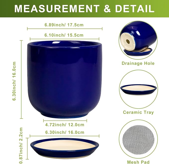 Ceramic Flower Pot 7 Inch - Cylinder 7 Inch Round Planter for Cactus Orchid Plants with Drainage Hole and Saucer, Home Office Room Desk Decor, Blue