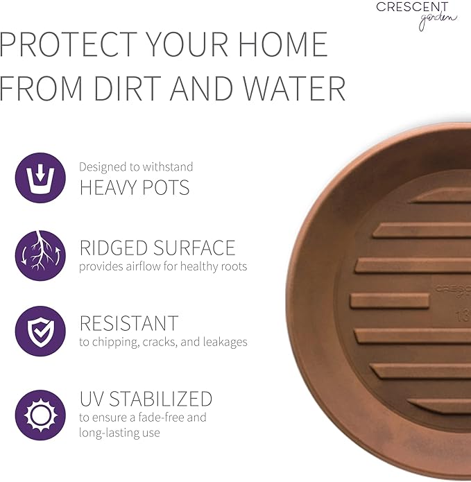 Crescent Garden Universal Round Planter Saucer, Durable Drainage Dish for Plant Pots, Heavy-Duty Plant Dishes Saucer, Indoor & Outdoor Plant Trays - Rust (11 inch Inner, 15 inch Outer Diameter)