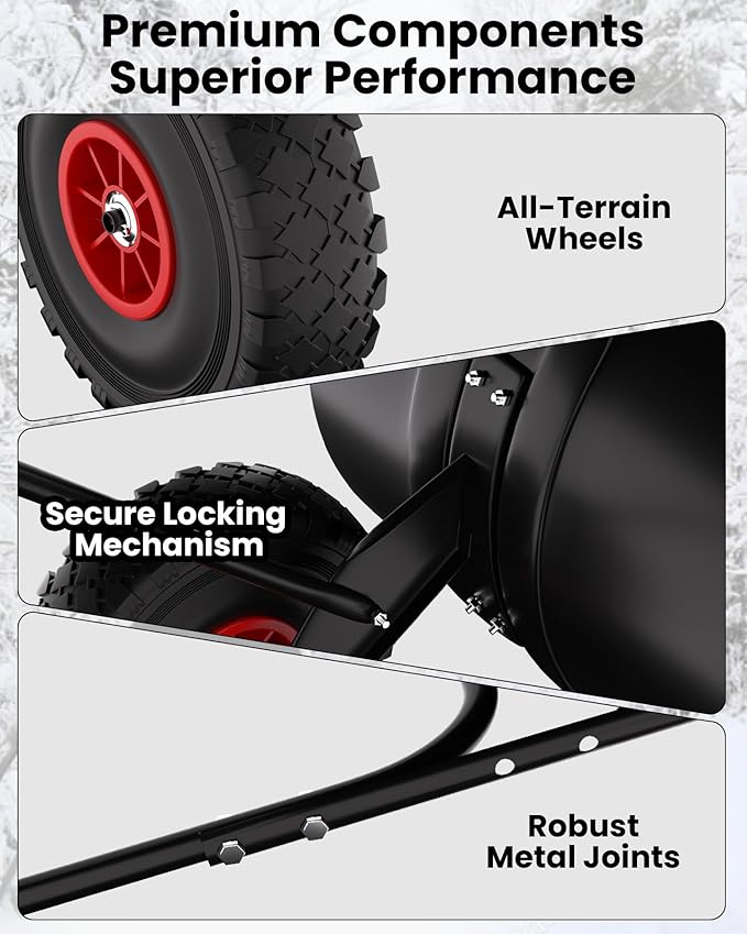 29" Snow Pusher Shovel with Wheels, Adjustable Ergonomic U-Handle Snow Plow for Driveway, Heavy Duty Wheeled Rolling Shovels for Driveway and Sidewalks with Angeled Blade