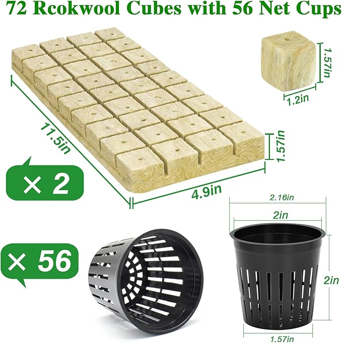 Halatool 72PCS 1.2 Inch Rockwool Cubes with 56PCS 2 Inch Net Cups for Hydroponics Great Kratky Hydroponics Kit for Soilless Cultivation Cloning Plants Growing Seeds