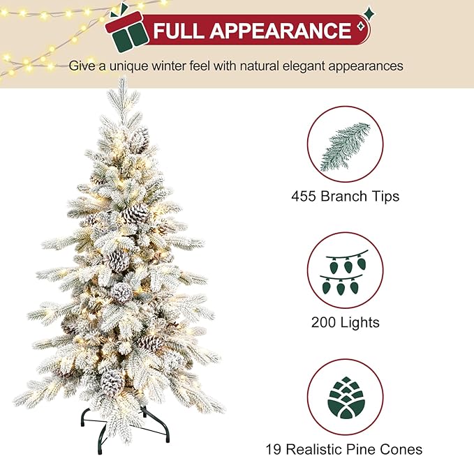4 FT Pre-Lit Snow Flocked Slim Fir Christmas Tree with 455 PE & PVC Mixed Branch Tips,Artificial Skinny Pencil Xmas Tree with 200 Warm-White Lights & 19 Pine Cones,Hinged Pine Tree with Metal Stand