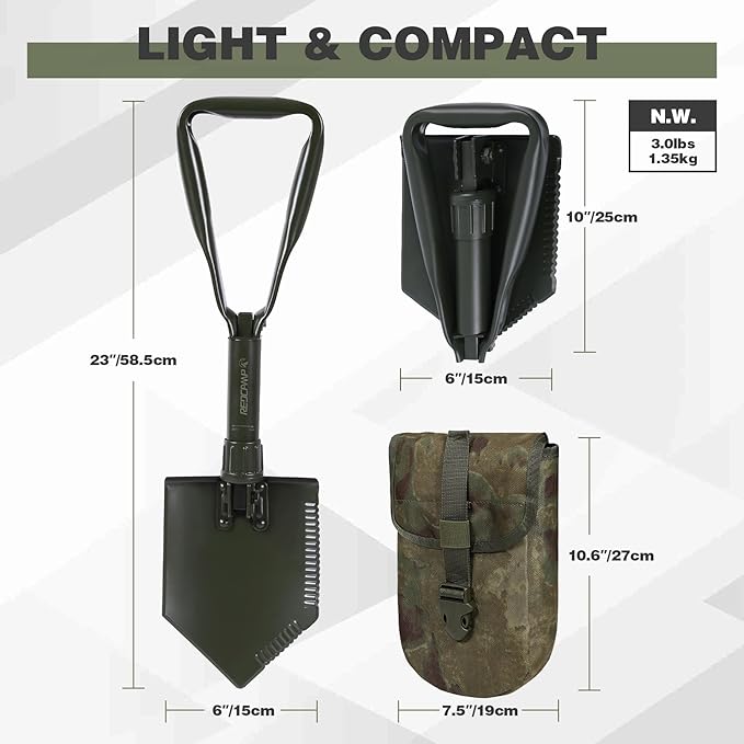 REDCAMP 23" Tri-Fold Folding Shovel for Camping & Car Emergencies, Heavy Duty Tactical Compact Snow/Mud Shovel with OCP Cover, High Manganese Steel Mini Survival Tool (3LBS, Green)