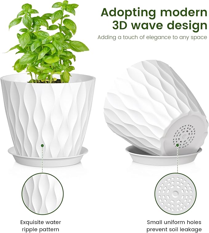 7/6.5/6/5.5/5/4.5/4 inch Plant Pots for Indoor Outdoor Plants, 7 Pack Thick Flower Pots with Drainage Holes and Saucers, Modern Wave Texture Small Plastic Planters Nursery Pots, Multicolor