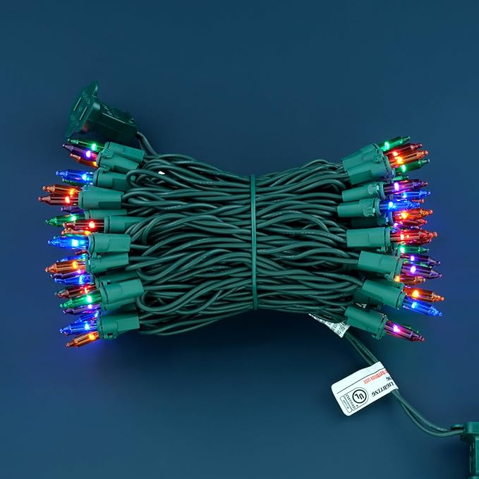 YULETIME 100 Count Multicolor Christmas Lights, 33 Feet Green Wire UL Certified Incandescent-Like LED Mini String Lights