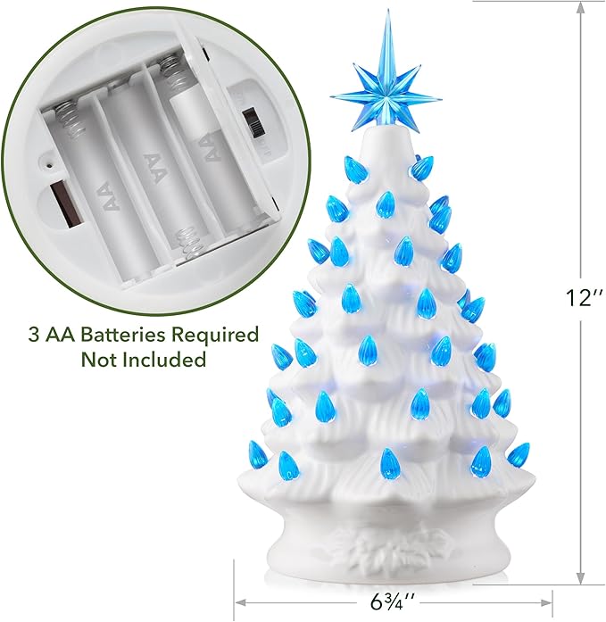 Casafield Hand Painted Ceramic Christmas Tree, White 12-Inch Pre-Lit Tree with 100 Pink and Blue Lights and 2 Star Toppers