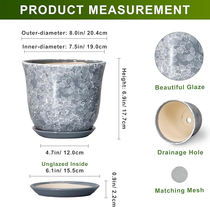 Ceramic Plant Pots - 8 Inch Plant Pot with Drainage Hole and Saucer, Round Planter for Indoor Outdoor, Modern Flower Pots, Decorative Planters, Home Room Office Decor, Gardening Gifts, Grey
