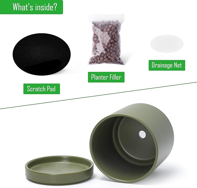 D'vine Dev Set of 2 Plants Pots, 6.5 Inch Ceramic Planter Pot for Plants with Drainage Hole and Saucer, Olive, 94-V-C-J