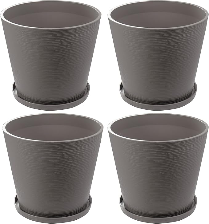 Kozyard 4Packs Round Planter Indoor Outdoor Plant Pots with Tray Collecting Water for Porch, Patio, Backyard Planters Modern Décor for Tall Plants Flowers GrayishBrown
