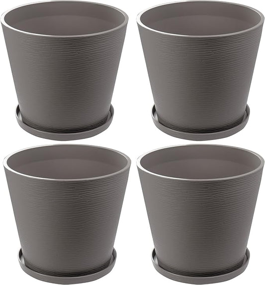 Kozyard 4Packs Round Planter Indoor Outdoor Plant Pots with Tray Collecting Water for Porch, Patio, Backyard Planters Modern Décor for Tall Plants Flowers GrayishBrown