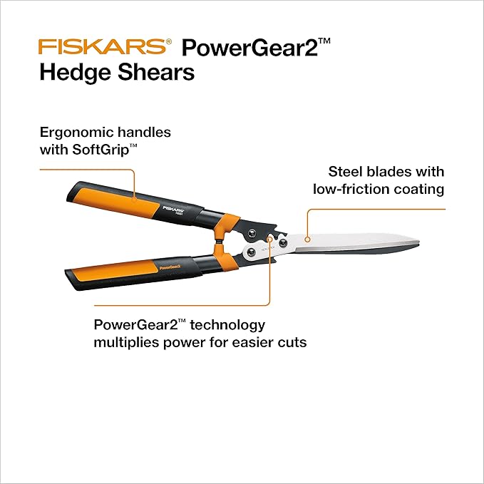 Fiskars 23" Hedge Shears, Hedge Clippers with PowerGear2 Technology that Multiplies Power for Less Effort, Garden Shears with SoftGrip Handles and Shock-Absorbing Bumpers