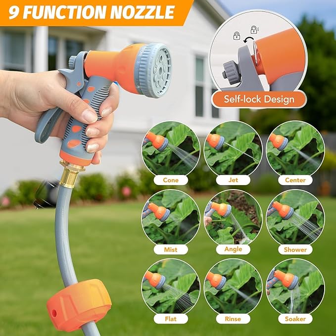 Retractable Garden Hose Reel, EliteEdge 1/2 In x 130 Ft With 9 Function Sprayer Nozzle, Any Length Lock, Automatic Rewind and Slow Return System, Wall Mounted and 180 Deg Swivel Bracket