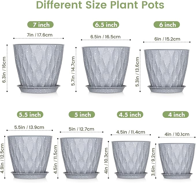 7/6.5/6/5.5/5/4.5/4 inch Plant Pots for Indoor Outdoor Plants, 7 Pack Thick Flower Pots with Drainage Holes and Saucers, Modern Wave Texture Plastic Planters Nursery Pots, Speckled Grey