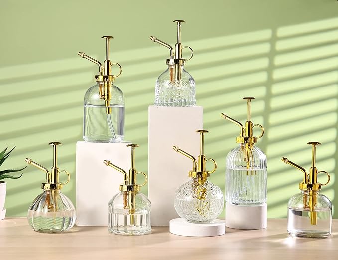 Glass Plant Mister Spray Bottle, 6.5" Clear Glass Water Spray Bottle with Gold Top Pump Small Watering Can, Small Plant Sprayer Mister for Indoor Outdoor House(Clear+Gold E)