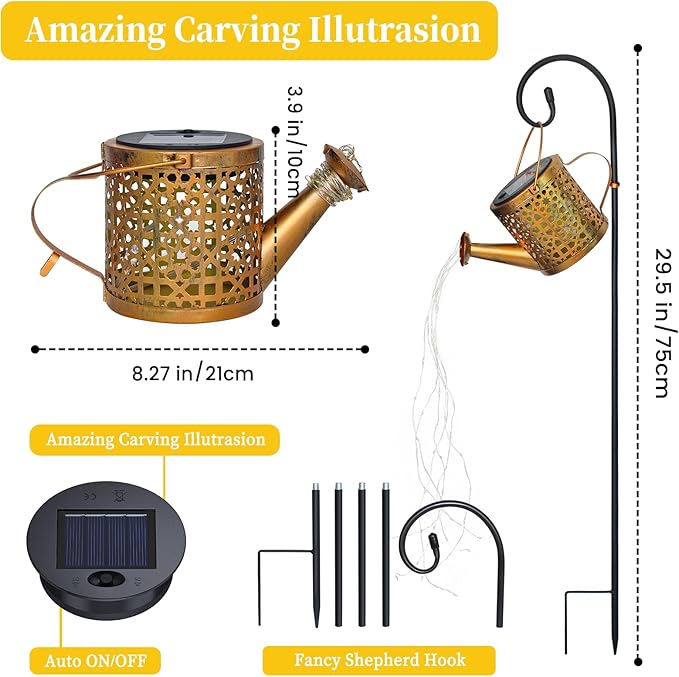 Solar Lights Outdoor Decorative, Metal Solar Watering Can Lights Waterproof, Garden Decor Hanging Lights for Outside Patio Pathway Yard, Christmas Birthday Gardening Gifts