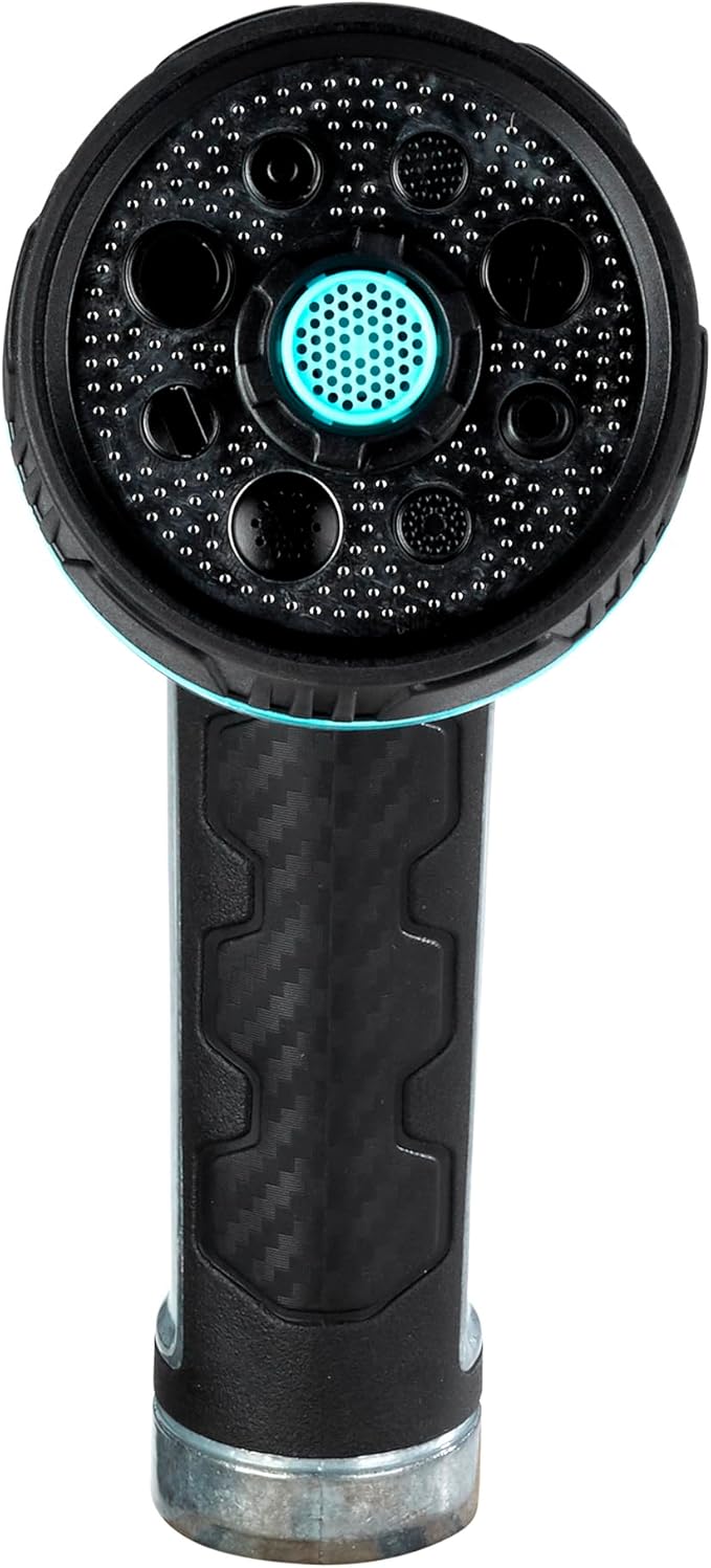 Heavy Duty High Pressure Metal 8 Pattern Hose Nozzle 500011 with Thumb Control and Extended Handle Comfort Grip by New England Garden Tools for Cleaning, Watering Plants & Yards, Washing Cars & Pets