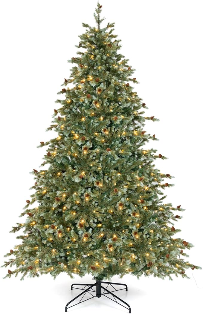 GOFLAME 8FT Pre-Lit Christmas Tree, Artificial Xmas Tree with 1226 Branch Tips, 89 Pine Cones, 410 Warm White LED Lights, 8 Lighting Modes, Holiday Decoration Tree for Home, Shop & Office