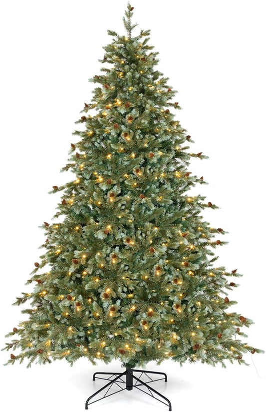 GOFLAME 8FT Pre-Lit Christmas Tree, Artificial Xmas Tree with 1226 Branch Tips, 89 Pine Cones, 410 Warm White LED Lights, 8 Lighting Modes, Holiday Decoration Tree for Home, Shop & Office