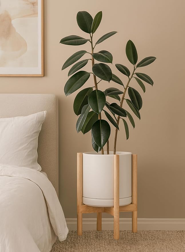 D'vine Dev Ceramic Planter with Natural Stand - 10 Inch Modern Round Flower Pot with Wood Planter Holder, Oatmeal, 55-B-K-8