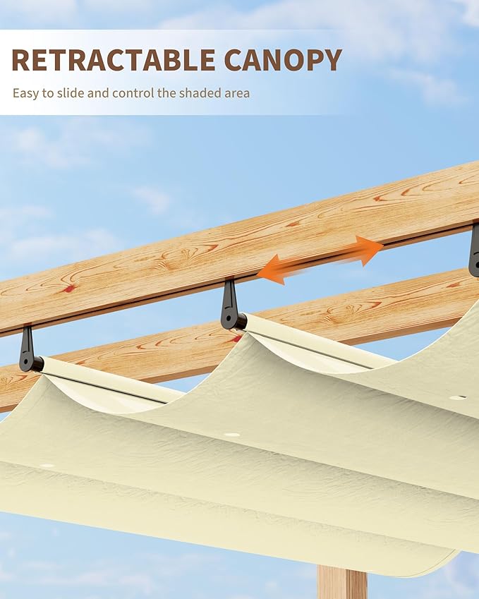 Garvee 10x13 Ft Outdoor Pergola Faux Wood Grain Aluminum Gazebo with Retractable Canopy for Patio Modern Backyard Deck Porch Grape Trellis(Beige)