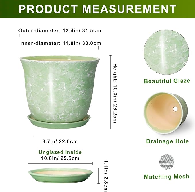 12 Inch Pots for Plants - Ceramic Plant Pots with Drainage Hole and Saucer, Large Round Planter for Indoor Outdoor, Modern Flower Pot, Decorative Planters, Garden Decor, Garden Gifts, Green