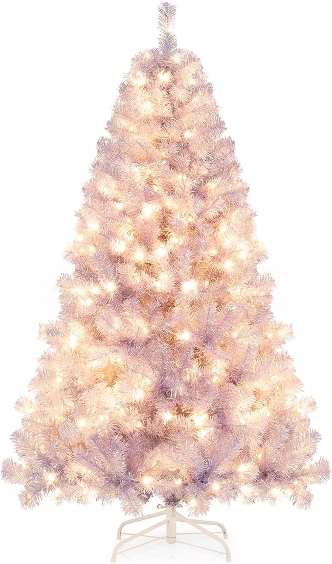 Goplus 6 FT Pre-Lit Tinsel Christmas Tree, Artificial Hinged Xmas Tree with 250 Warm White LED Lights, 8 Modes, 688 Lush Branch Tips, Metal Stand, Home Office Seasonal Holiday Decoration, Lavender