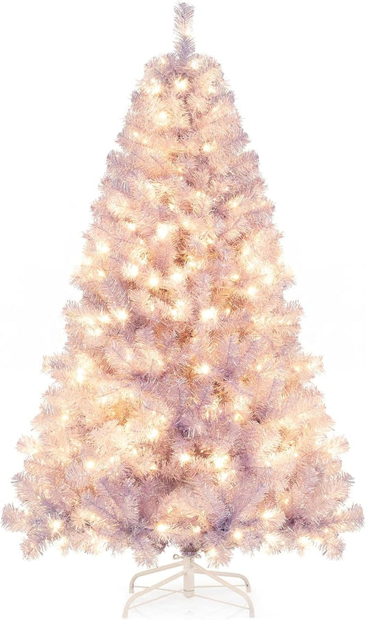 Goplus 6 FT Pre-Lit Tinsel Christmas Tree, Artificial Hinged Xmas Tree with 250 Warm White LED Lights, 8 Modes, 688 Lush Branch Tips, Metal Stand, Home Office Seasonal Holiday Decoration, Lavender