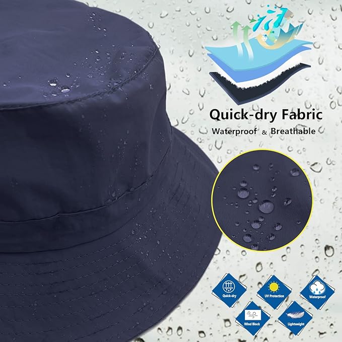 woogwin Waterproof Bucket Rain Hat with Chin Strap Quick Dry Packable Boonie Sun Hat Safari Hat UV Protection