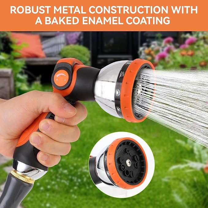 Garden Water Hose Nozzle Metal Heavy Duty Sprayer Thumb Control with 10 Spray Modes Suitable for Watering Plants, Iawn and Garden, Car Washing, Cleaning, Showering Pets and Outdoor Fun, Orange