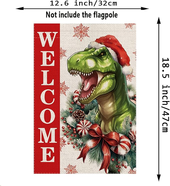 Christmas Garden Flag Welcome Xmas Dinasour Winter Holiday Decorations Burlap Vertical Double Sided Farmhouse Yard Lawn Outdoor Decor 12.5 x 18 Inch