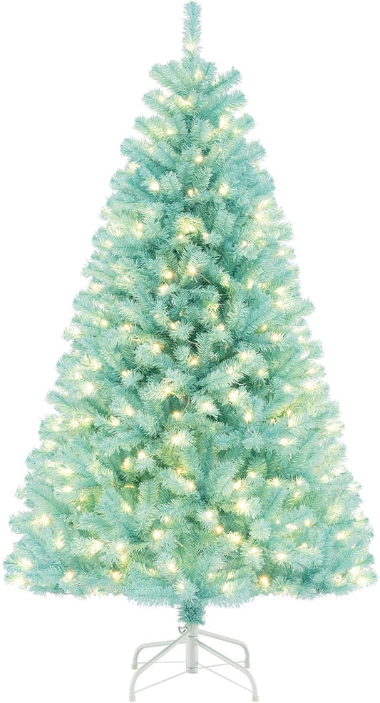 Goplus 6 FT Blue Pre-Lit Christmas Tree, Artificial Hinged Xmas Full Tree with 280 Warm White LED Lights, 758 Lush Branch Tips, Foldable Metal Stand, for Seasonal Home Office Decoration