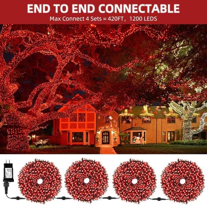 105FT 300LEDs Christmas Lights Outdoor Indoor 8 Modes for Christmas Tree Party Decoration, 100% UL Listed (Red, 105 FT)