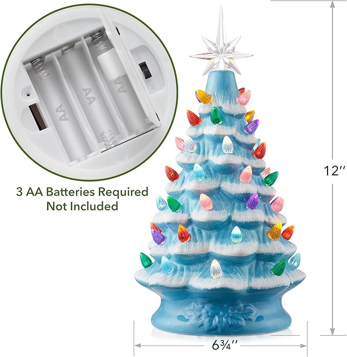 Casafield Hand Painted Ceramic Christmas Tree, Blue Snow Flocked 12-Inch Pre-Lit Tree with 100 Multi Color Lights and 2 Star Toppers