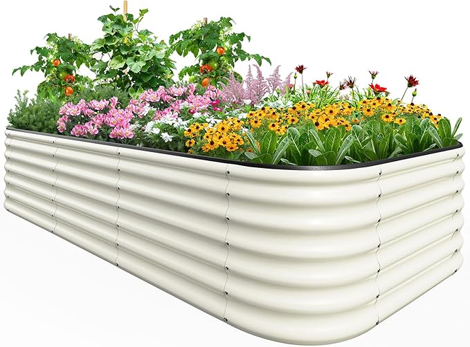 Quictent Galvanized Tall Raised Garden Bed Kit, 8x4x2 ft Oval Large Planting Box Rubber Strip Edging, for Vegetables Outdoor Strengthened by Crossbar (Beige)