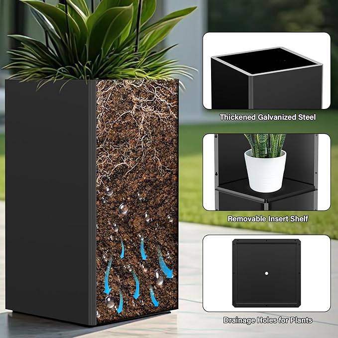 26" Tall Planters, Outdoor＆Indoor Black Planter Pots, Durable All-Weather Use with Drainage Holes, Large Planters Modern Décor for Porch, Patio, Backyard
