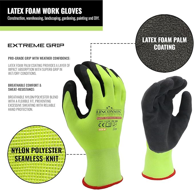linconson 12 Pack Safety Performance Series Construction Mechanics Work Gloves