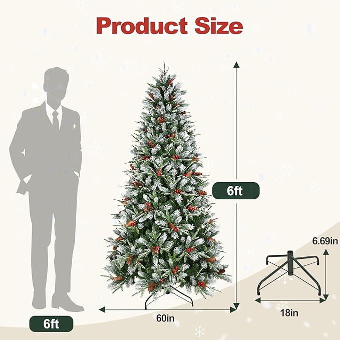 6 Ft Artificial Christmas Tree Pre-Decorated with Snow Flocked PVC&PE Tips, Pine Cones, Red Berries, Unlit Xmas Tree with Metal Stand for Hoilday Office Outdoor Christmas Decoration(Green White)