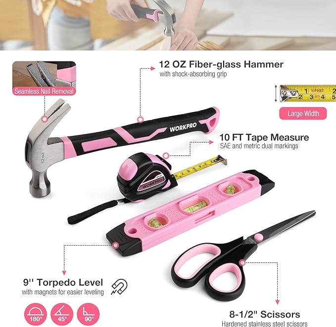 WORKPRO Pink Tool Set, 258 PCS Tool Kit for Women, Basic Household Case with Hammer, Screwdriver Set, Portable for Home Repair, New Apartment, House-Warming, DIY - Pink Ribbon