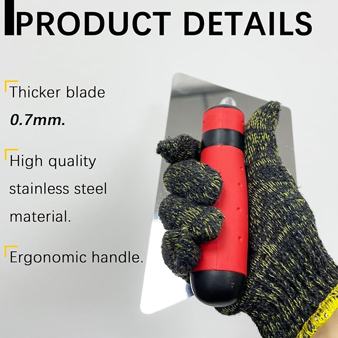 3 Pack Plaster Finishing Trowel Set, Polished Stainless Steel Paint Plastering Hand Tool with Rubber Handle, 0.7mm Thickness Concrete Trowel for Drywall Repairs and Spreading