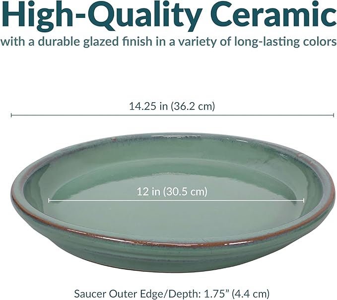 Sunnydaze 12-Inch Ceramic Plant Saucers - Plant Drip Trays for Outdoor Planter Flower Pot Drainage - Set of 2 - Seafoam