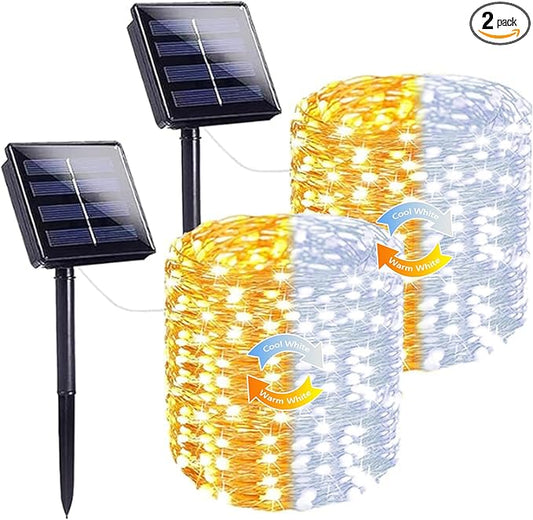 Warm White and Cool White Color Changing Solar String Lights for Outside, 2 Pack 400LED Solar Christmas Lights Outdoor, Waterproof Copper Wire with 8 Modes Twinkle Fairy Light for Tree Christmas Decor