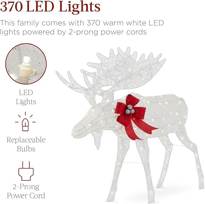 Best Choice Products 5ft 2-Piece Moose Family, Lighted Outdoor Christmas Yard Decoration, Light-Up Décor Set w/ 370 LED Lights, Zip Ties - White