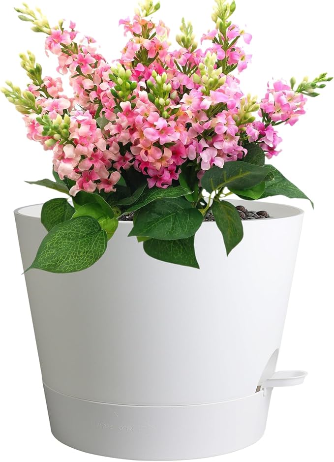12 inch Large Self Watering Pots for Indoor Outdoor Plants, Flower Plant Pots with Mesh Drainage Holes for Garden House, Plastic Planters with Reservoir for Home, White