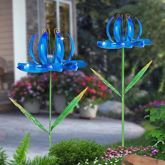 Wind Spinners Outdoor Garden Decor, 47 inch Metal Wind Sculptures Garden Gifts for Mom, Lotus Flower Windmills for Yard Backyard Lawn Decorations